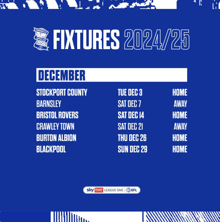 Birmingham City's 2024-25 Season Fixtures: December