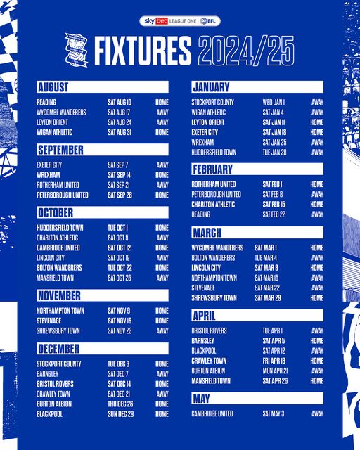 Birmingham City's 2024/25 Season Fixtures